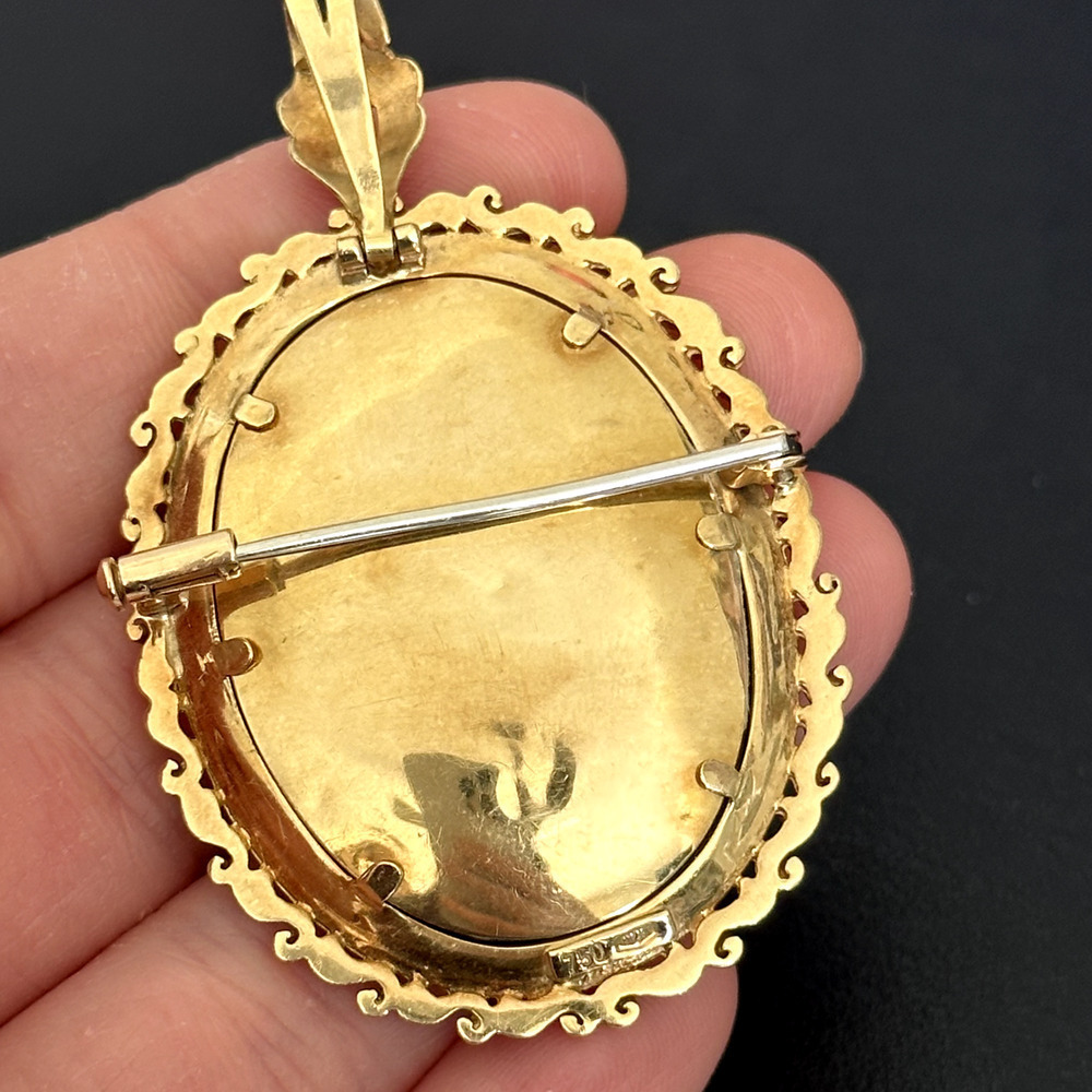 18K 750 Yellow Gold Antique Portrait Floral Scroll Framed Woman Pin Pendant - Picture 10 of 16
